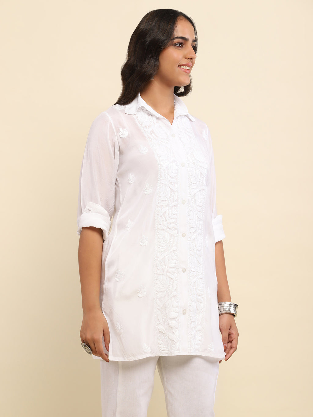 Muslin Chikankari Solid Women's Shirt- White