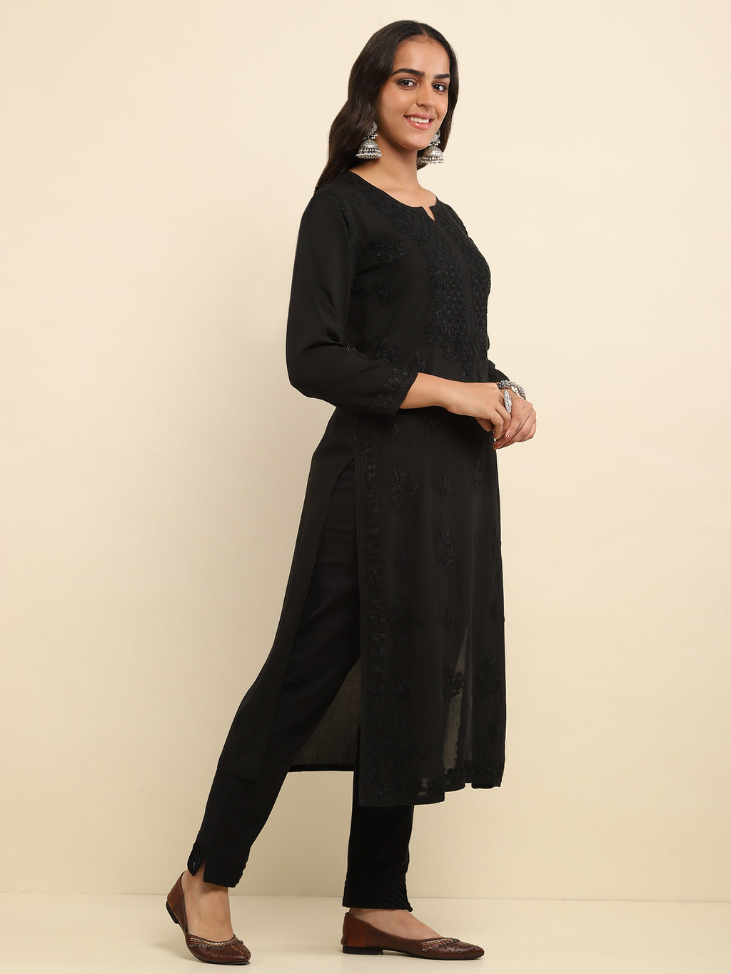 Rayon Chikankari Solid Women's Long Kurta- Black