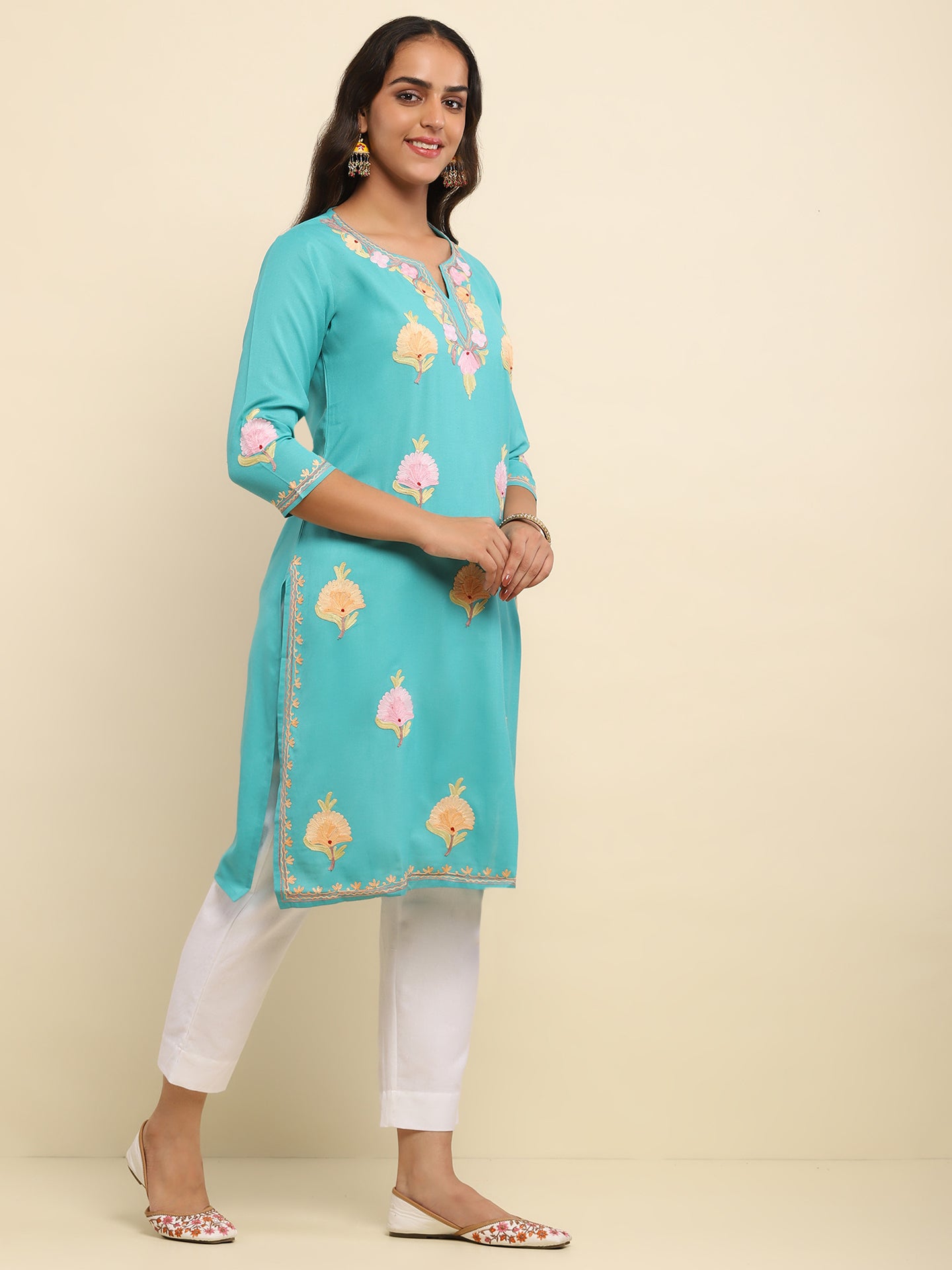 Aari Embroidered Cotton Solid Women's Long Kurta-Turquoise Blue