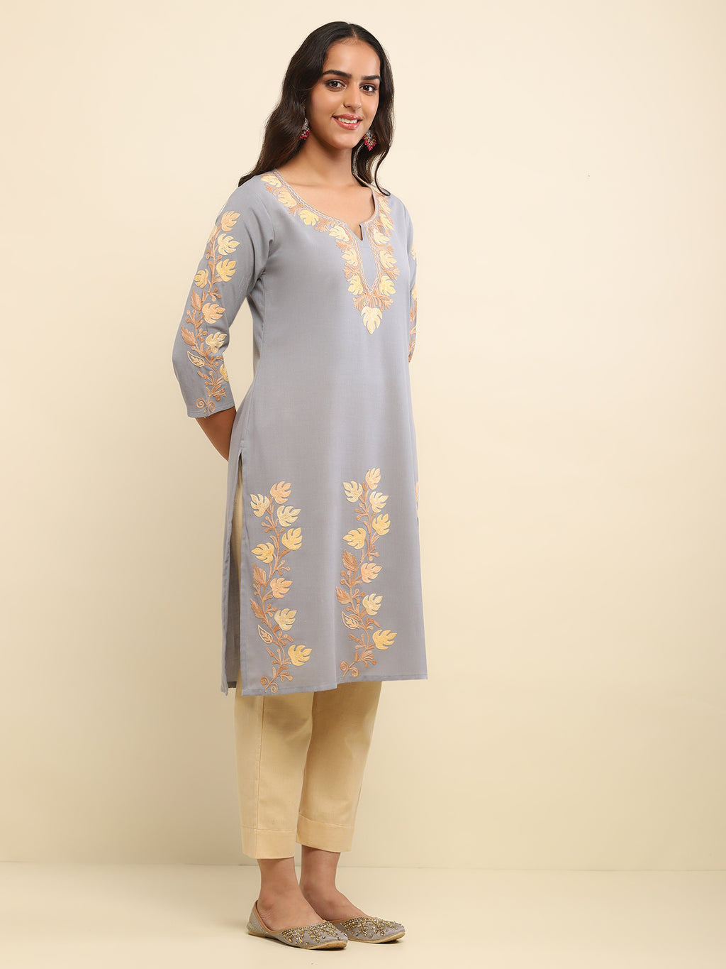 Aari Embroidered Cotton Solid Women's Long Kurta - Grey