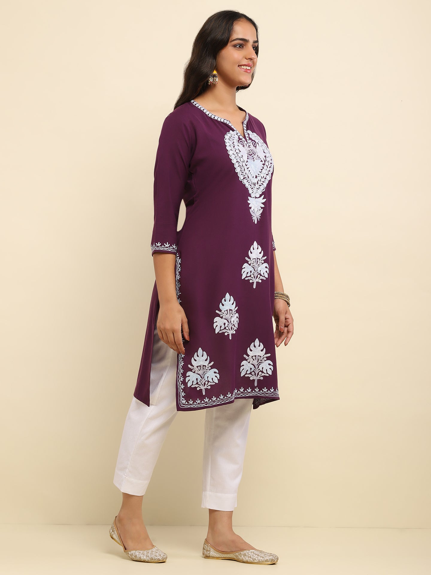 Aari Embroidered Cotton Solid Women's Long Kurta- Purple