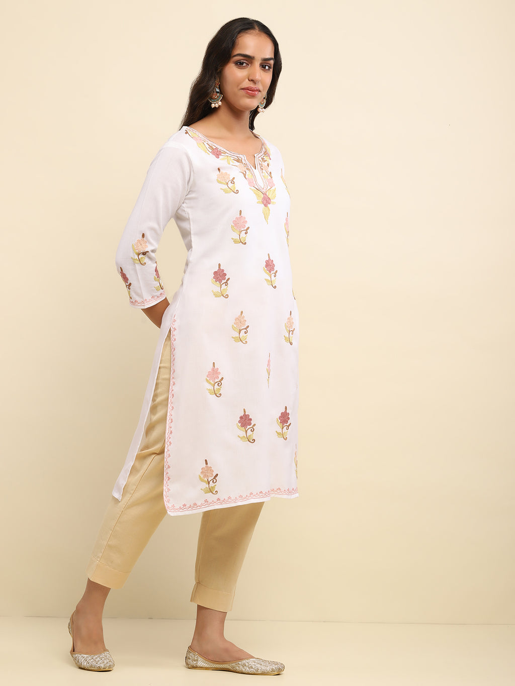 Aari Embroidered Cotton Solid Women's Long Kurta- White