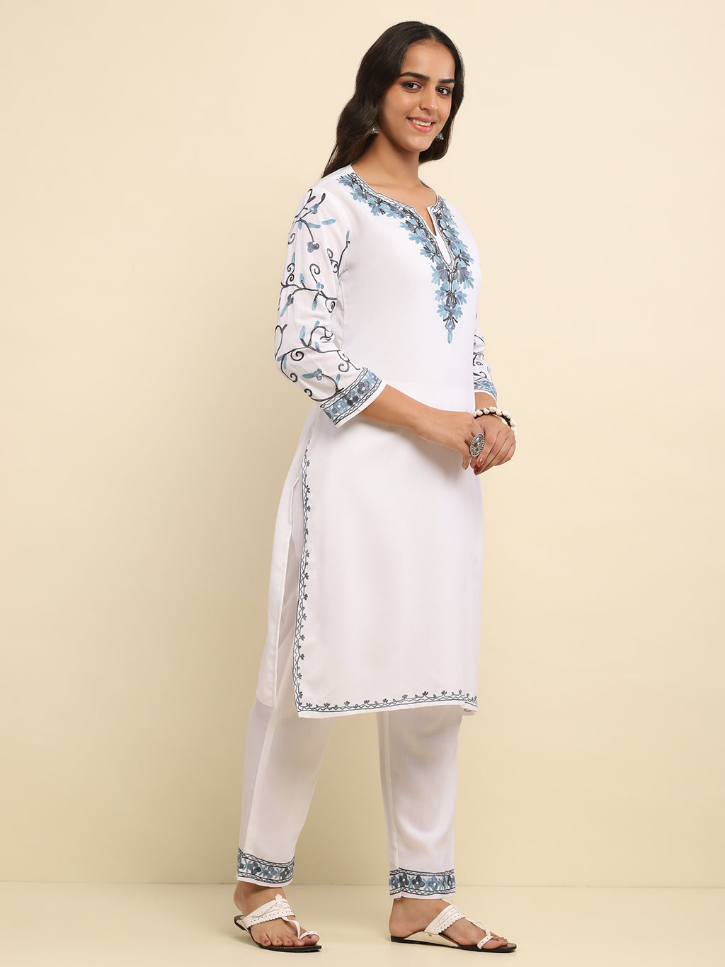 Aari Embroidered Cotton Solid Women's 2 PC Long Kurta Set- White