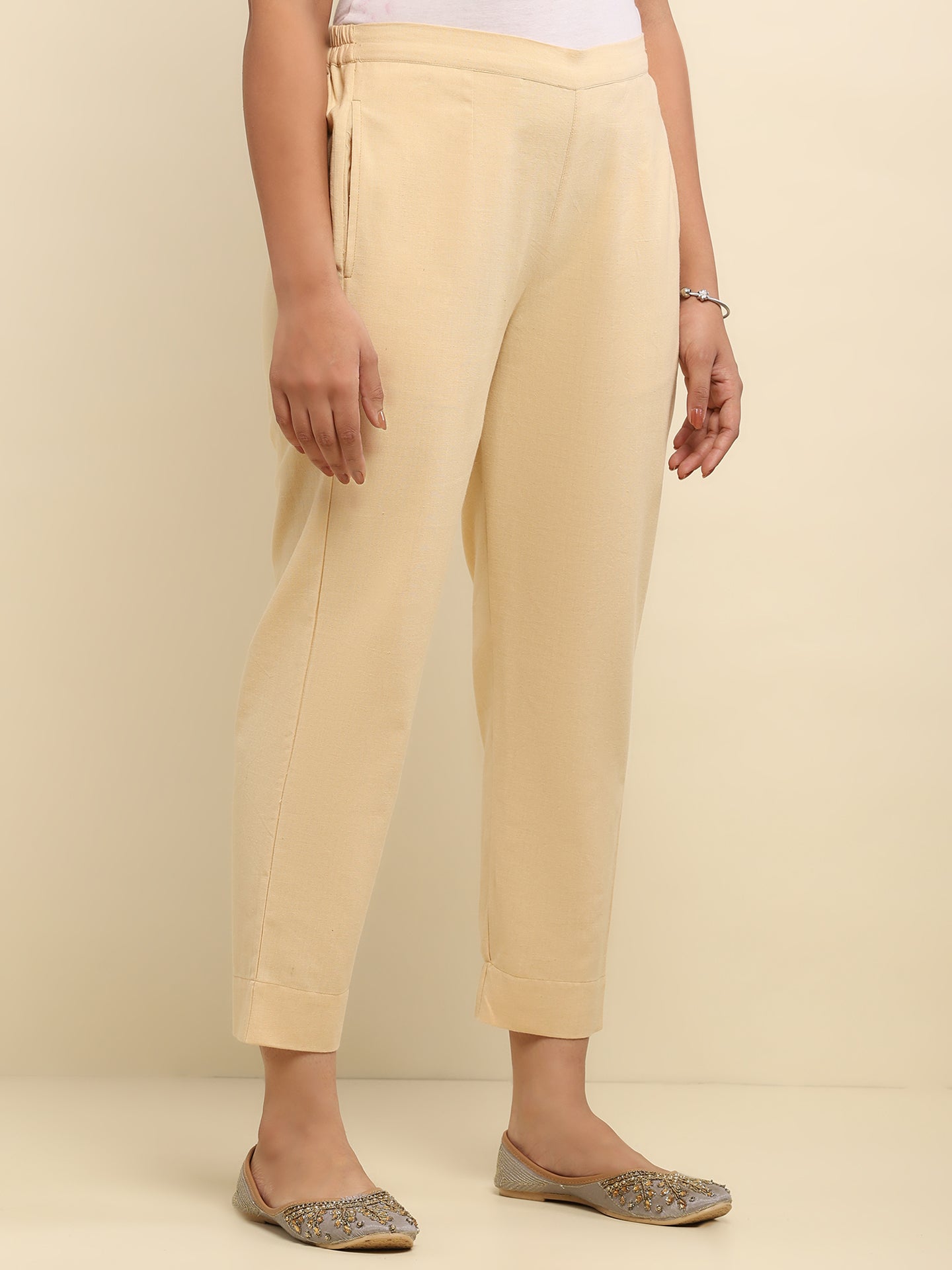 Cotton Solid Women's Pant - Beige