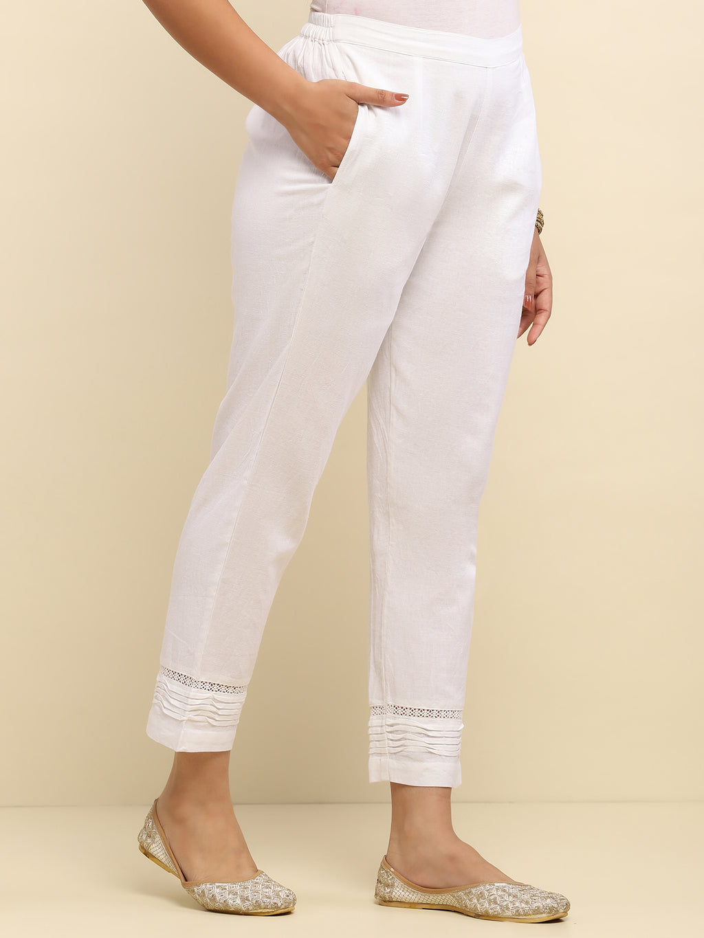 Cotton Satna Pintex Solid Women's Pant With Lace-White