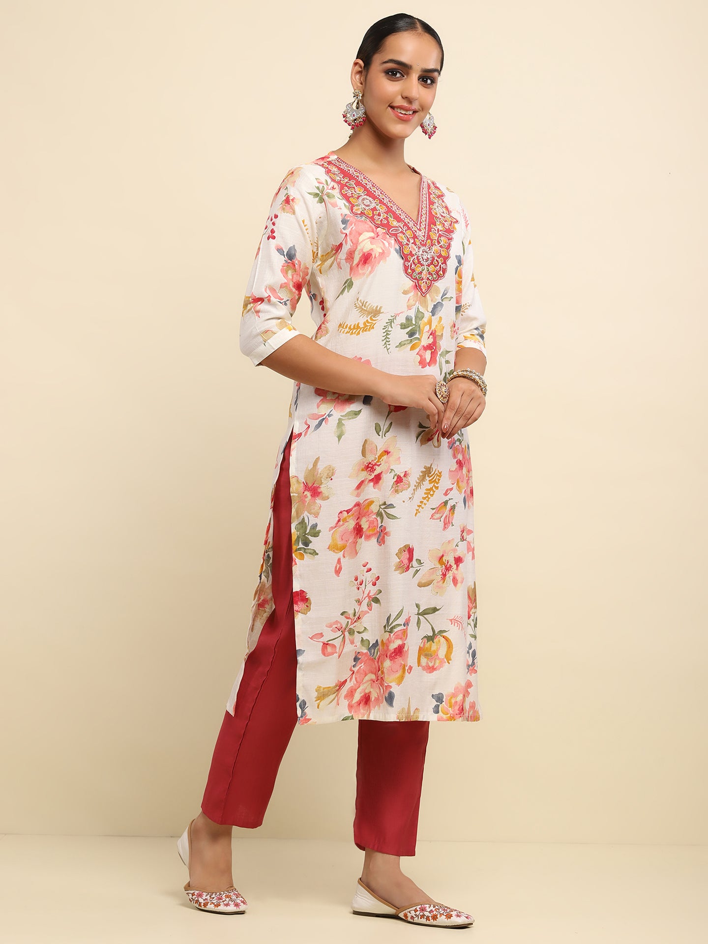 Cotton Embroidered Printed Women's 3 PC Long Kurta Set- White