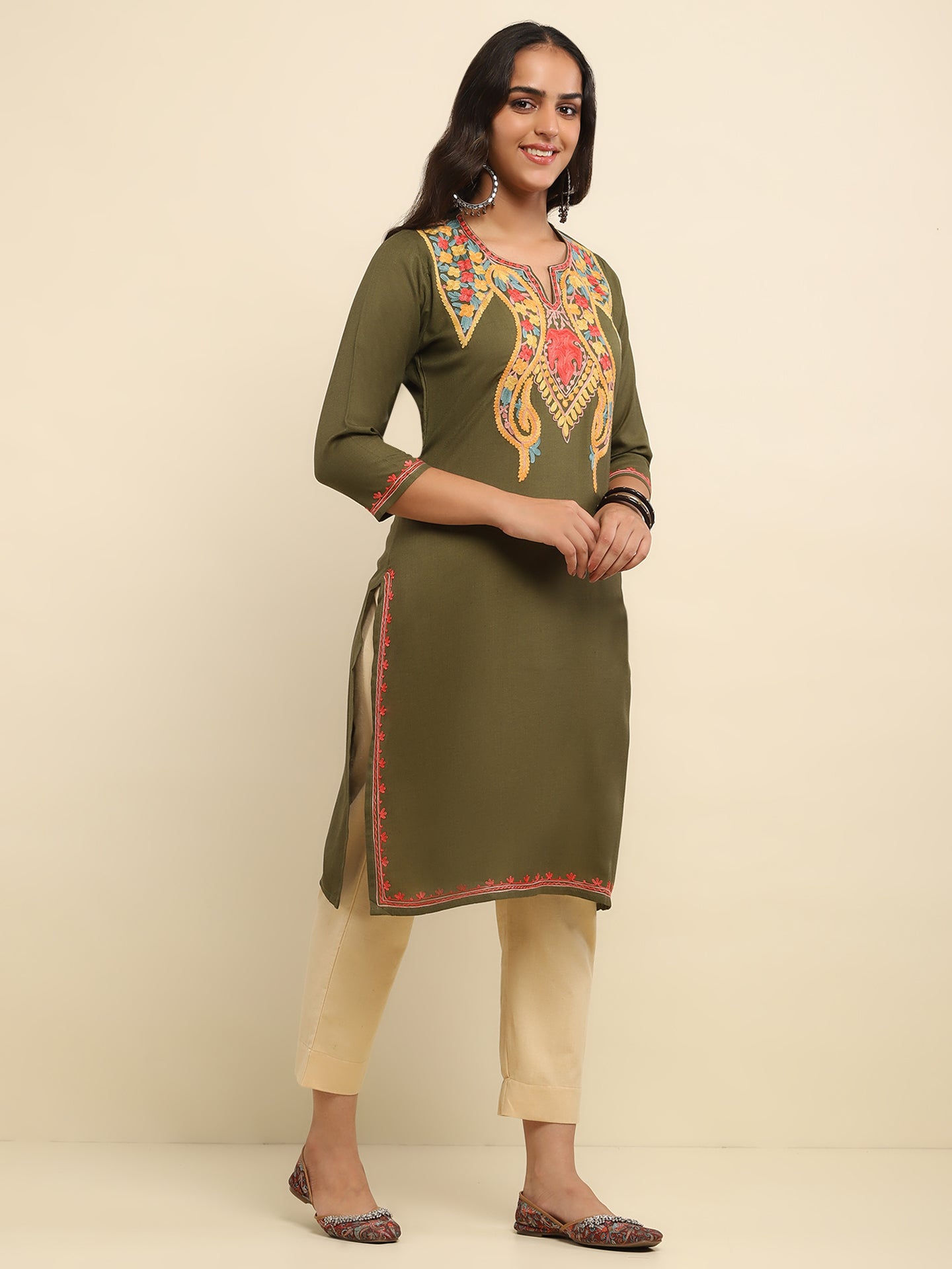 Aari Embroidered Cotton Solid Women's Long Kurta- Olive Green