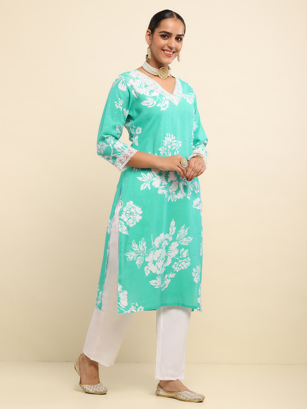 Cotton Embroidered Printed Women's 3 PC Long Kurta Set- Turquoise Blue