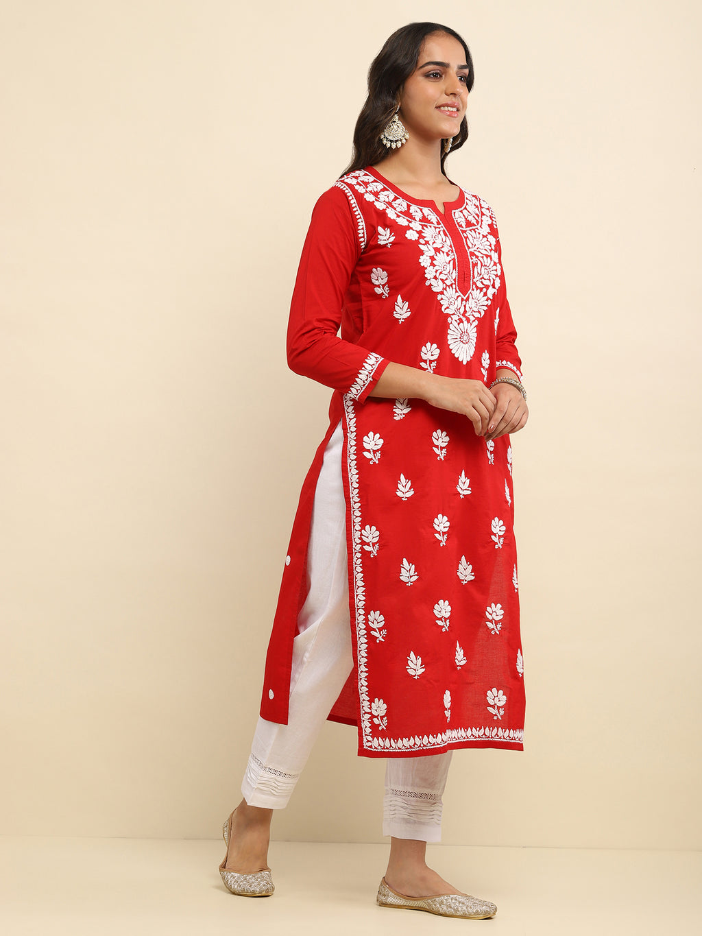 Cotton Chikankari Solid Women's Long Kurta- Red