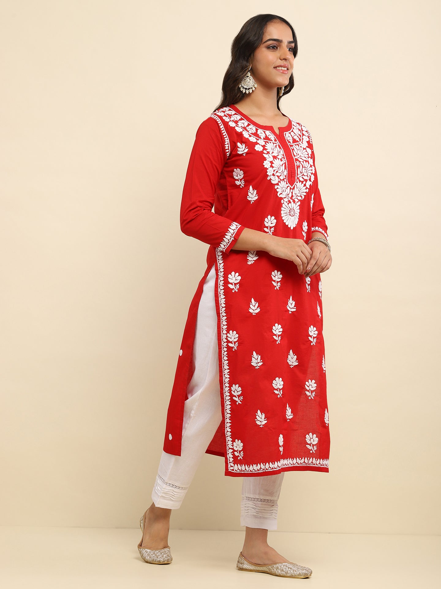 Cotton Chikankari Solid Women's Long Kurta- Red