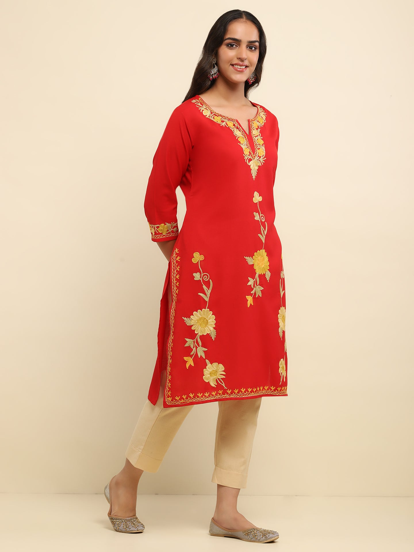 Aari Embroidered Cotton Solid Women's Long Kurta- Red