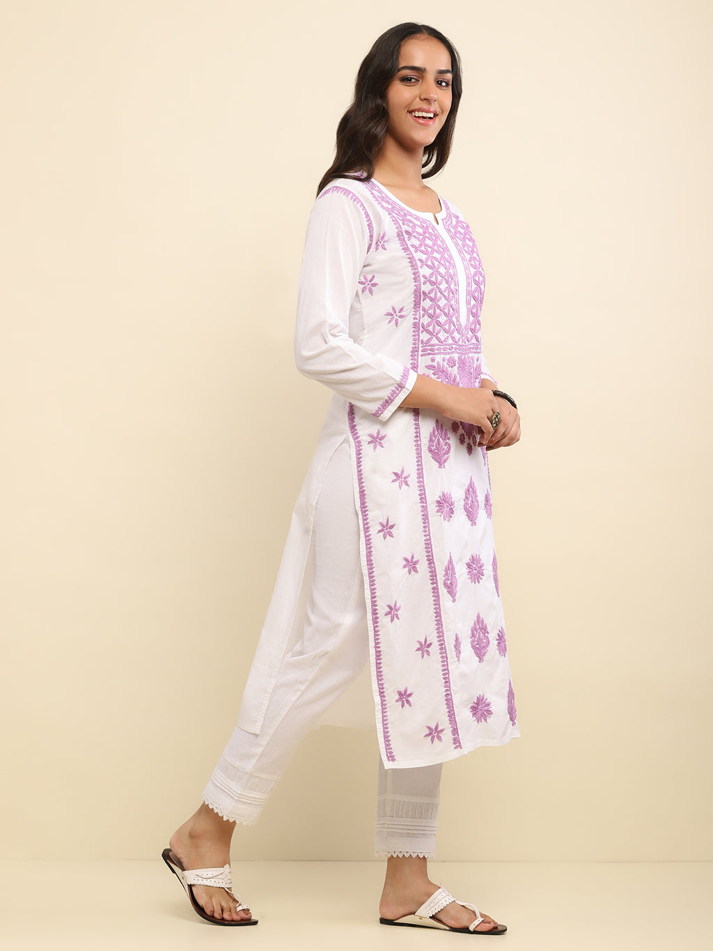 Cotton Chikankari Solid Women's Long Kurta- White