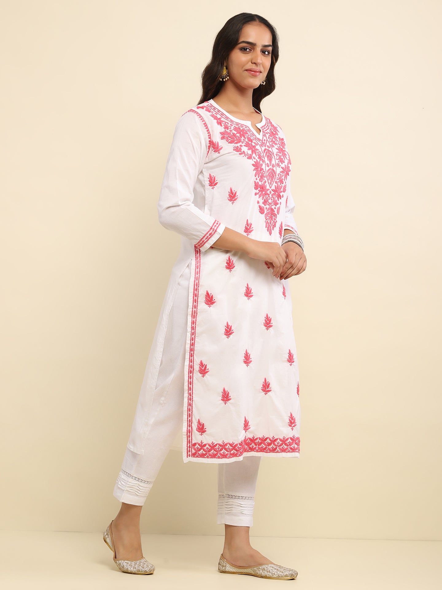 Cotton Chikankari Solid Women's Long Kurta- White