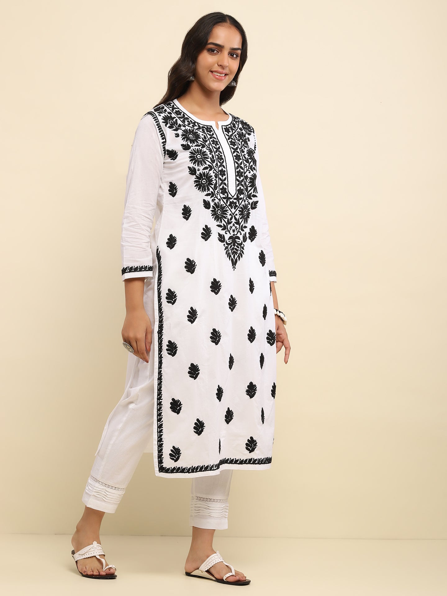 Cotton Chikankari Solid Women's Long Kurta- White