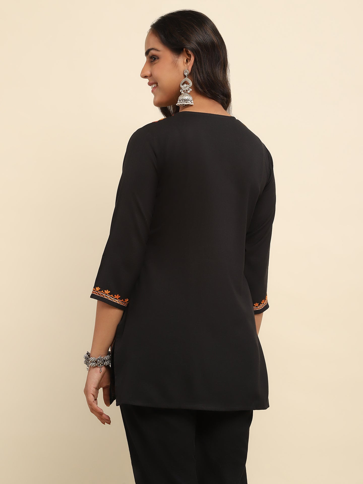 Aari Embroidered Cotton Solid Women's Short Kurta - Black
