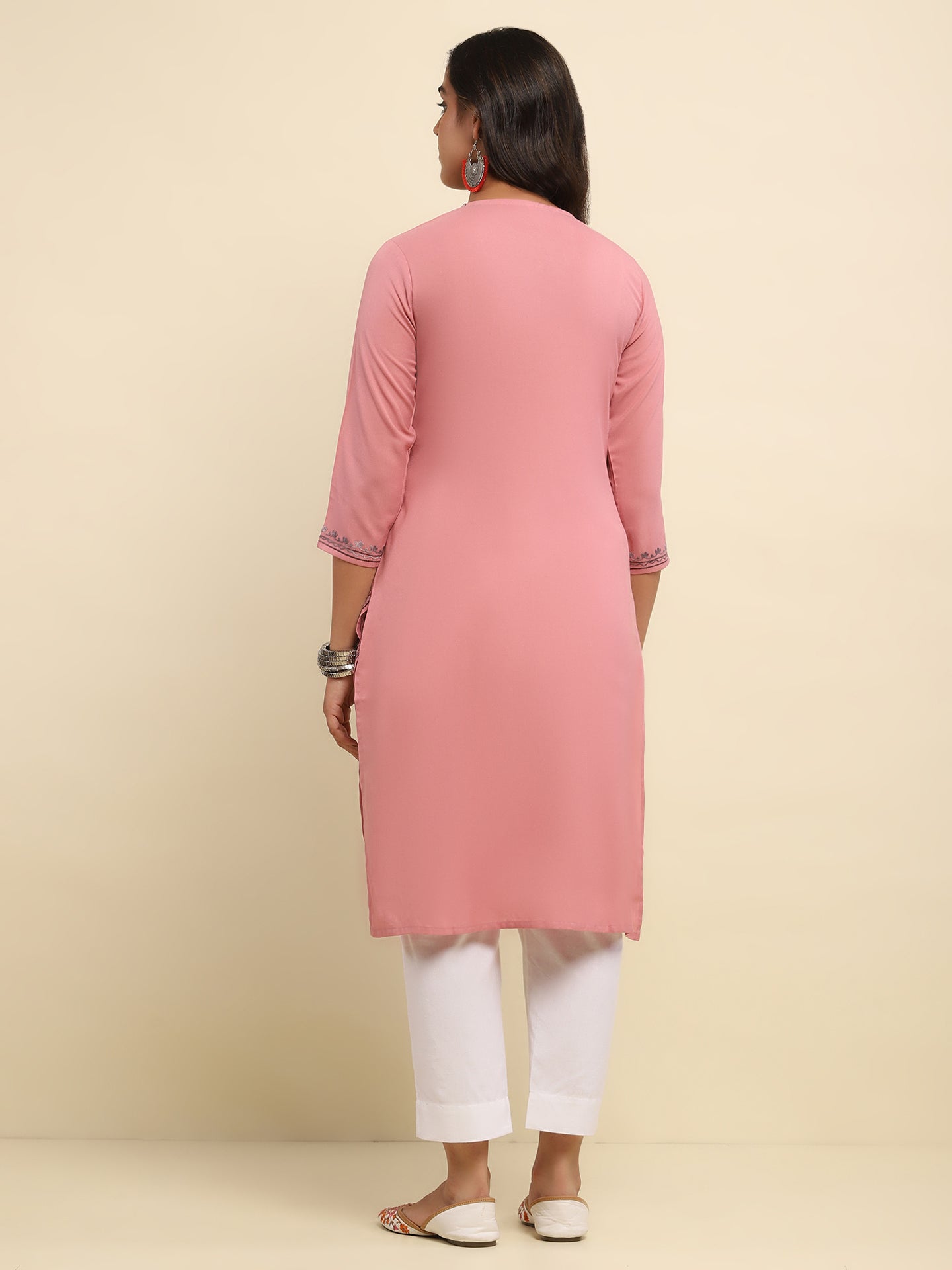 Aari Embroidered Cotton Solid Women's Long Kurta- Dusty Pink