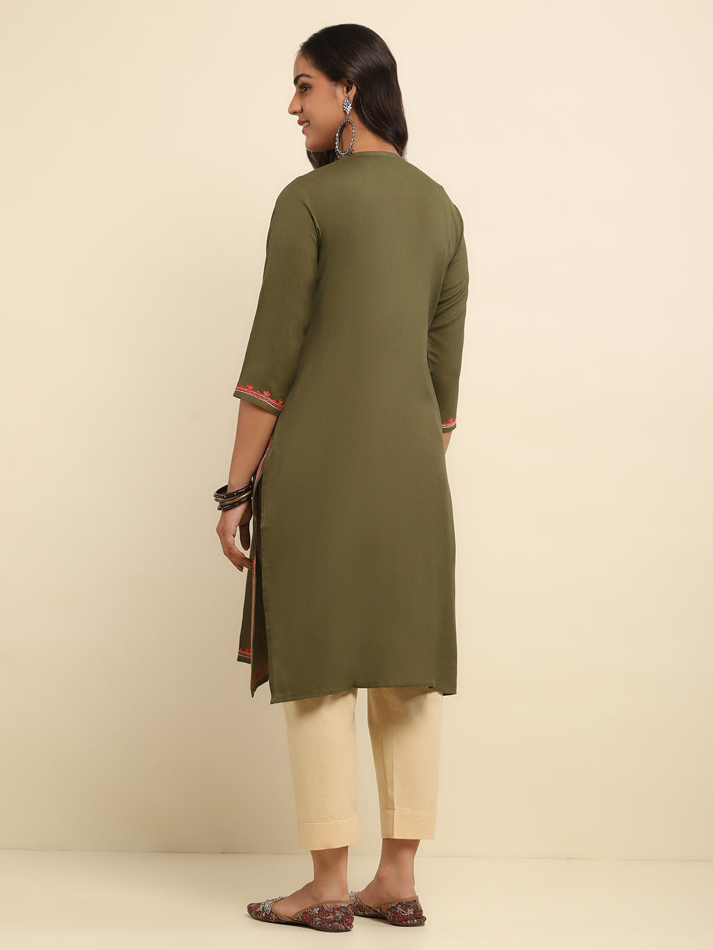 Aari Embroidered Cotton Solid Women's Long Kurta- Olive Green