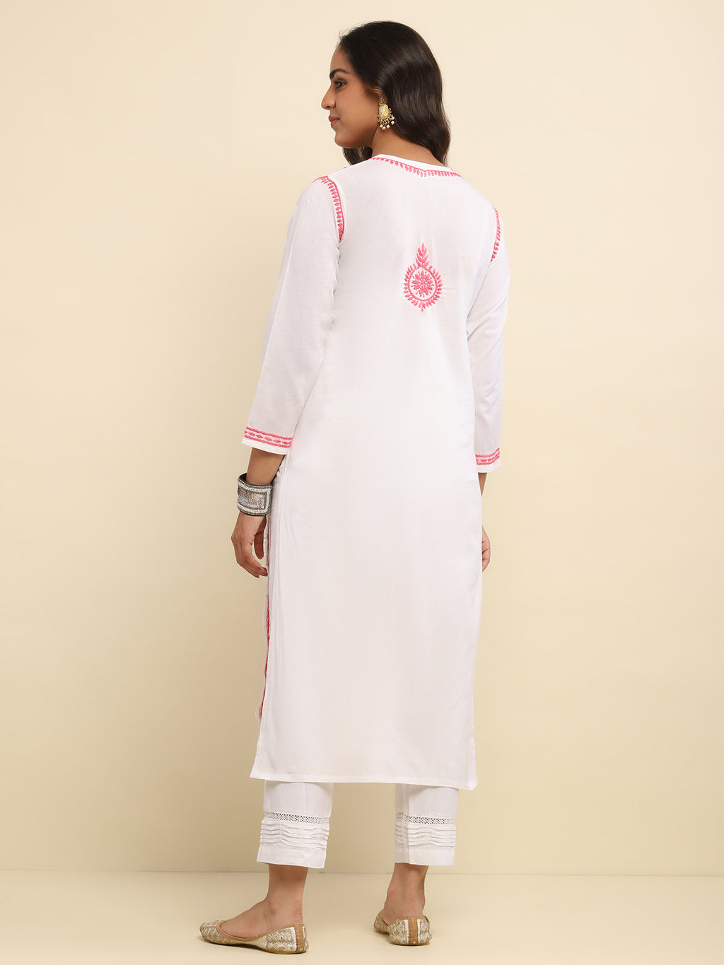 Cotton Chikankari Solid Women's Long Kurta- White