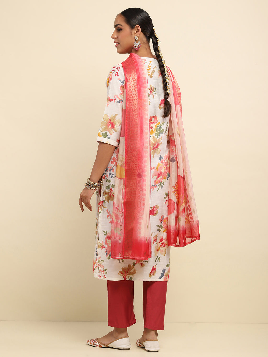 Cotton Embroidered Printed Women's 3 PC Long Kurta Set- White