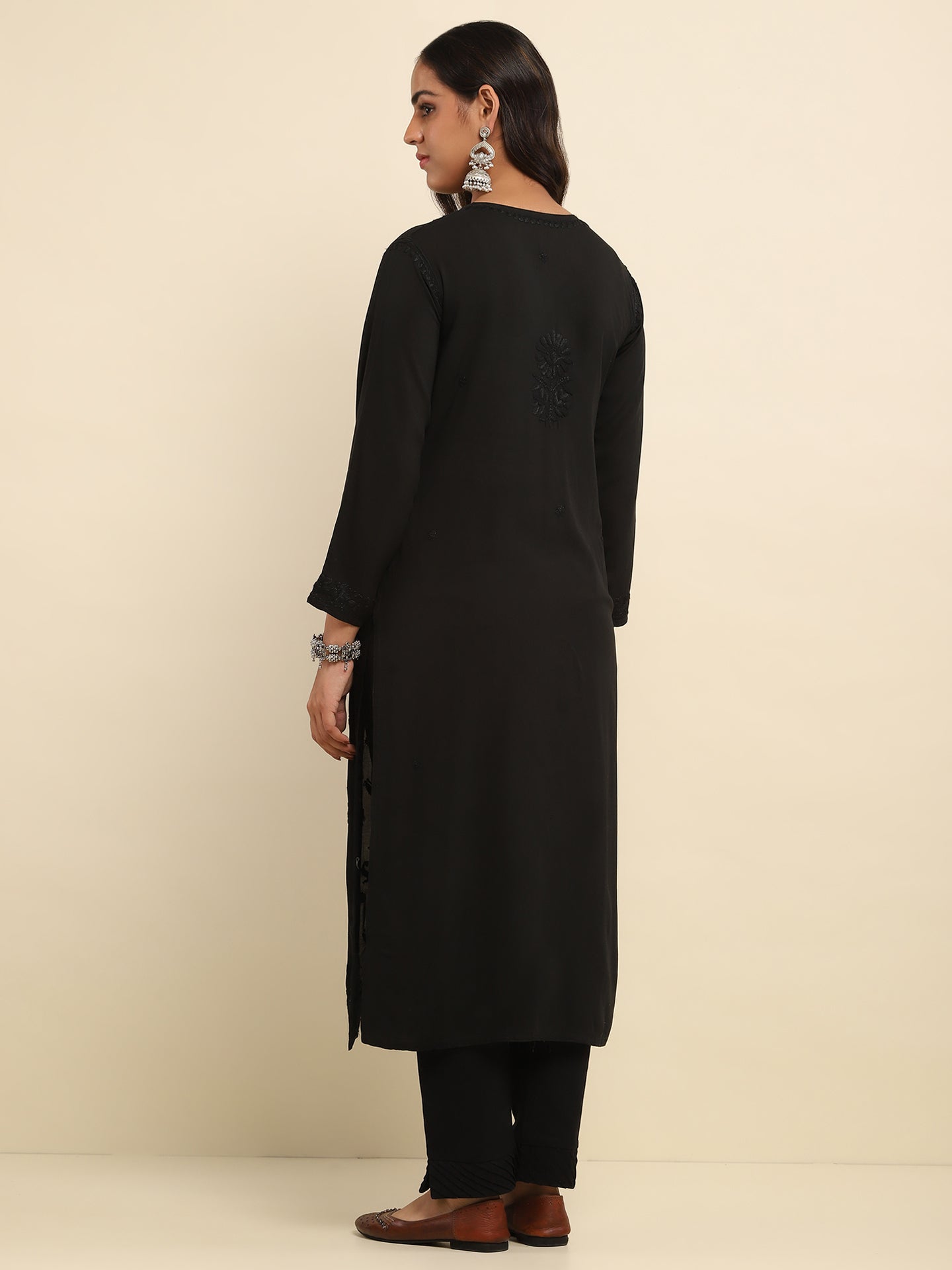 Rayon Chikankari Solid Women's Long Kurta- Black