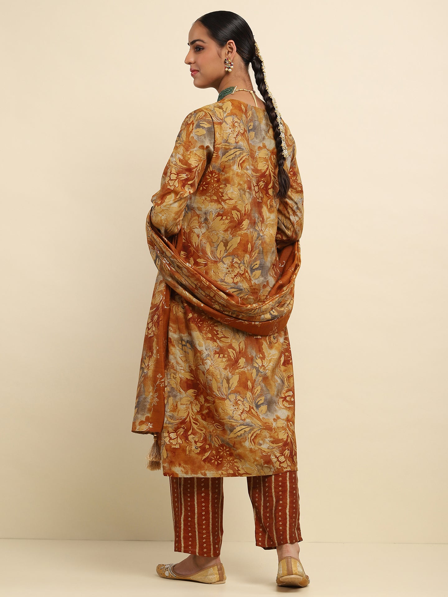 Cotton Embroidered Printed Women's 3 PC Long Kurta Set- Brown