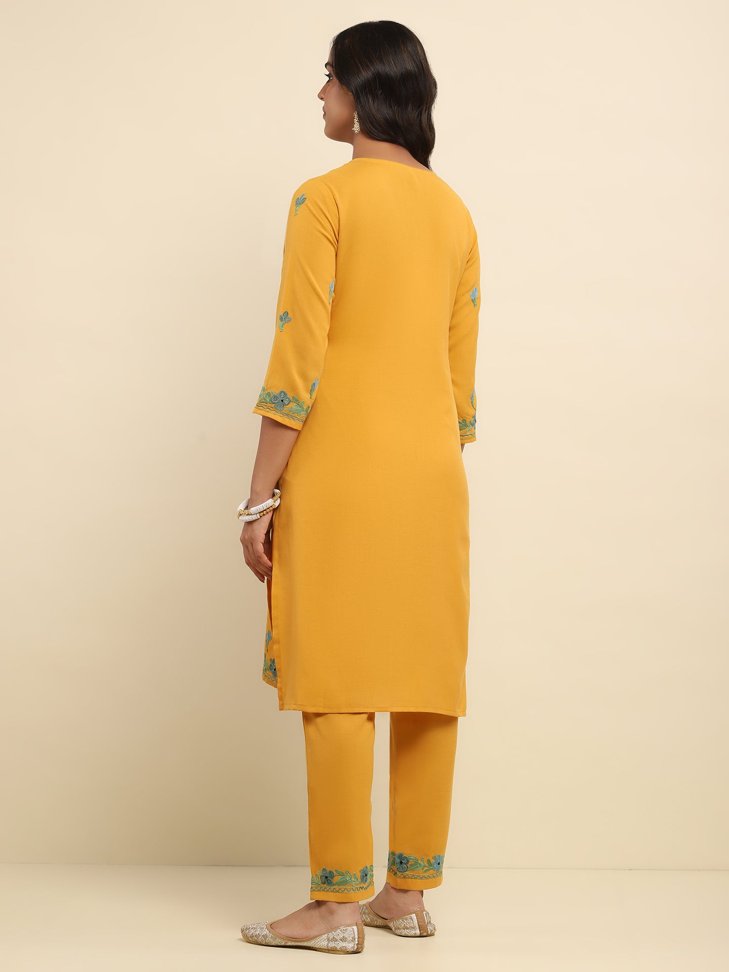 Aari Embroidered Cotton Solid Women's 2 PC Long Kurta Set- Mustard Yellow