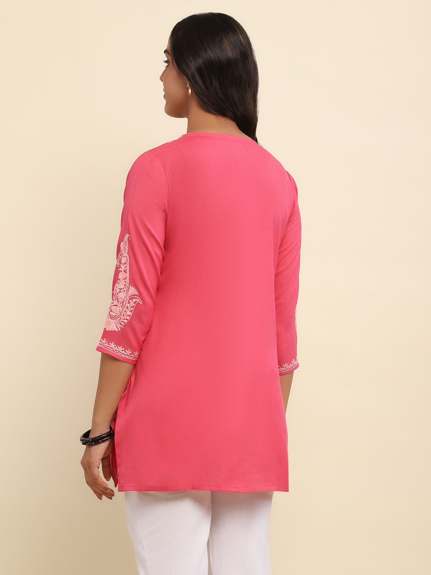 Aari Embroidered Cotton Solid Women's Short Kurta - Pink