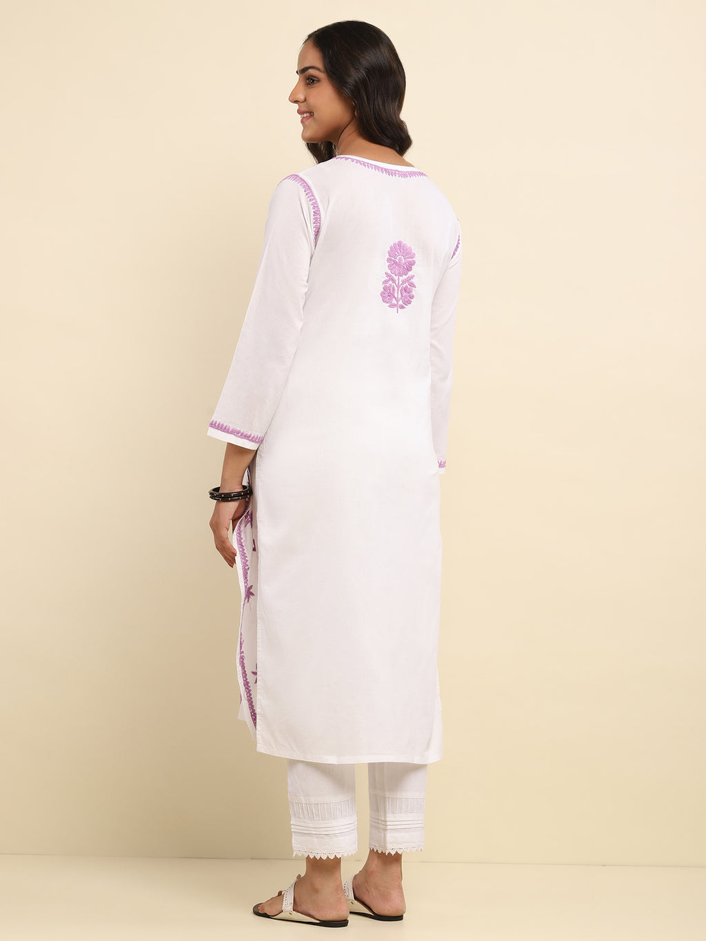 Cotton Chikankari Solid Women's Long Kurta- White