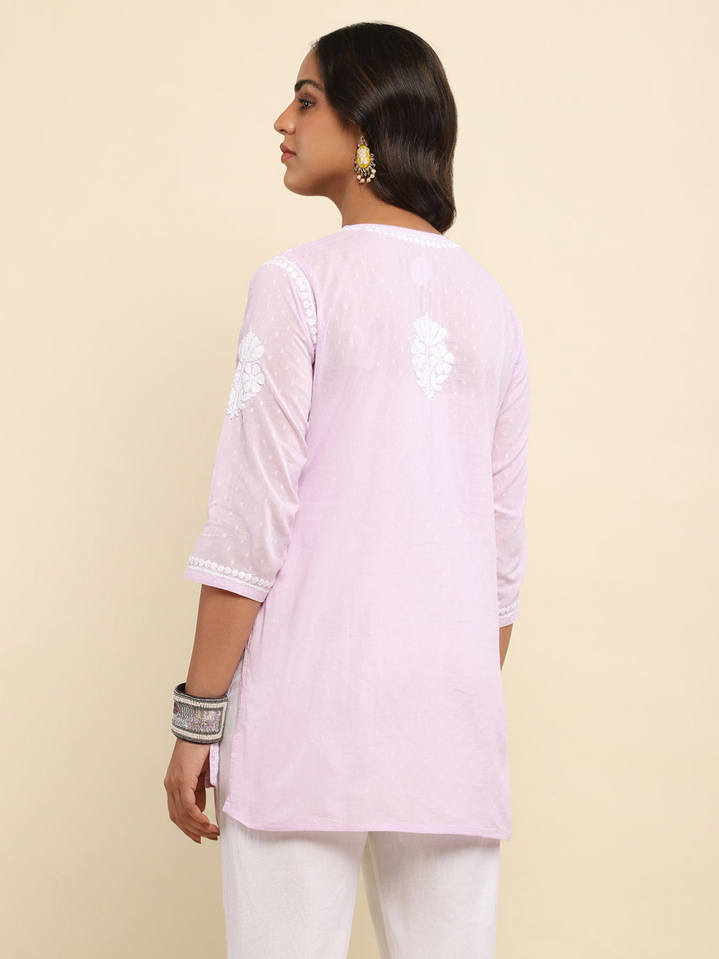 Cotton Chikankari Solid Women's Short Kurta- Lavender