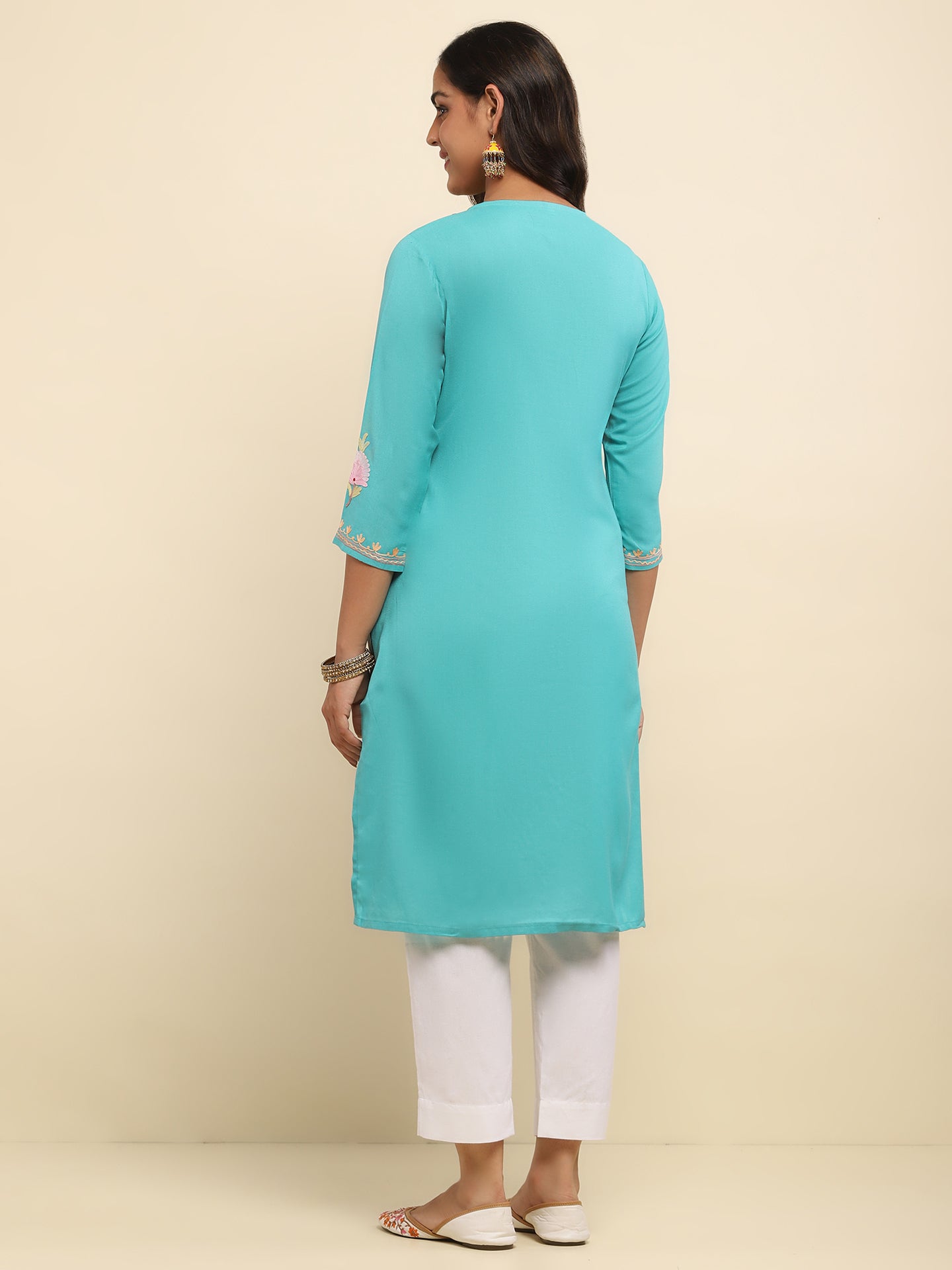 Aari Embroidered Cotton Solid Women's Long Kurta-Turquoise Blue