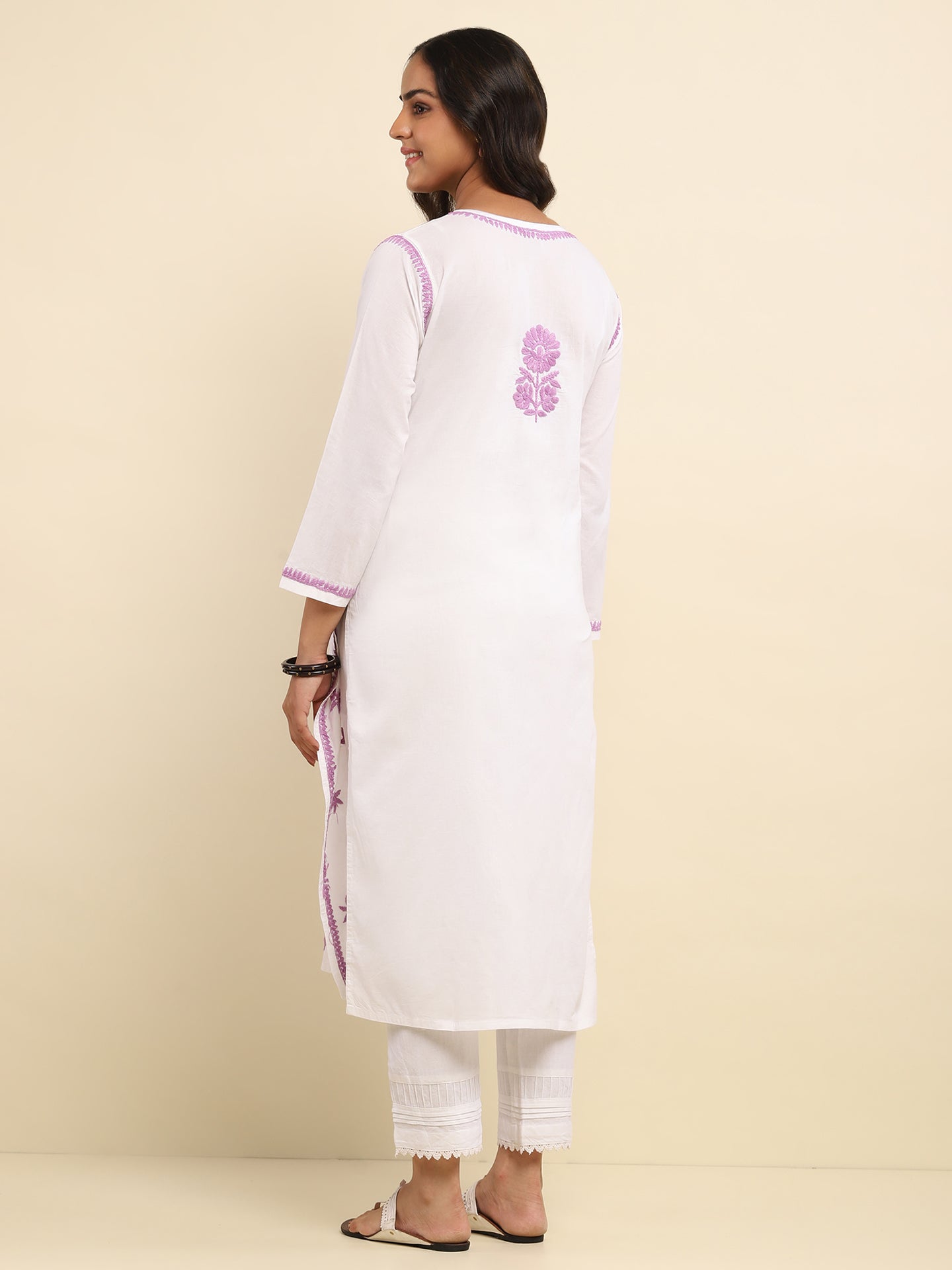 Kashmiri Aari Work Cotton Kurta Set - Lilac