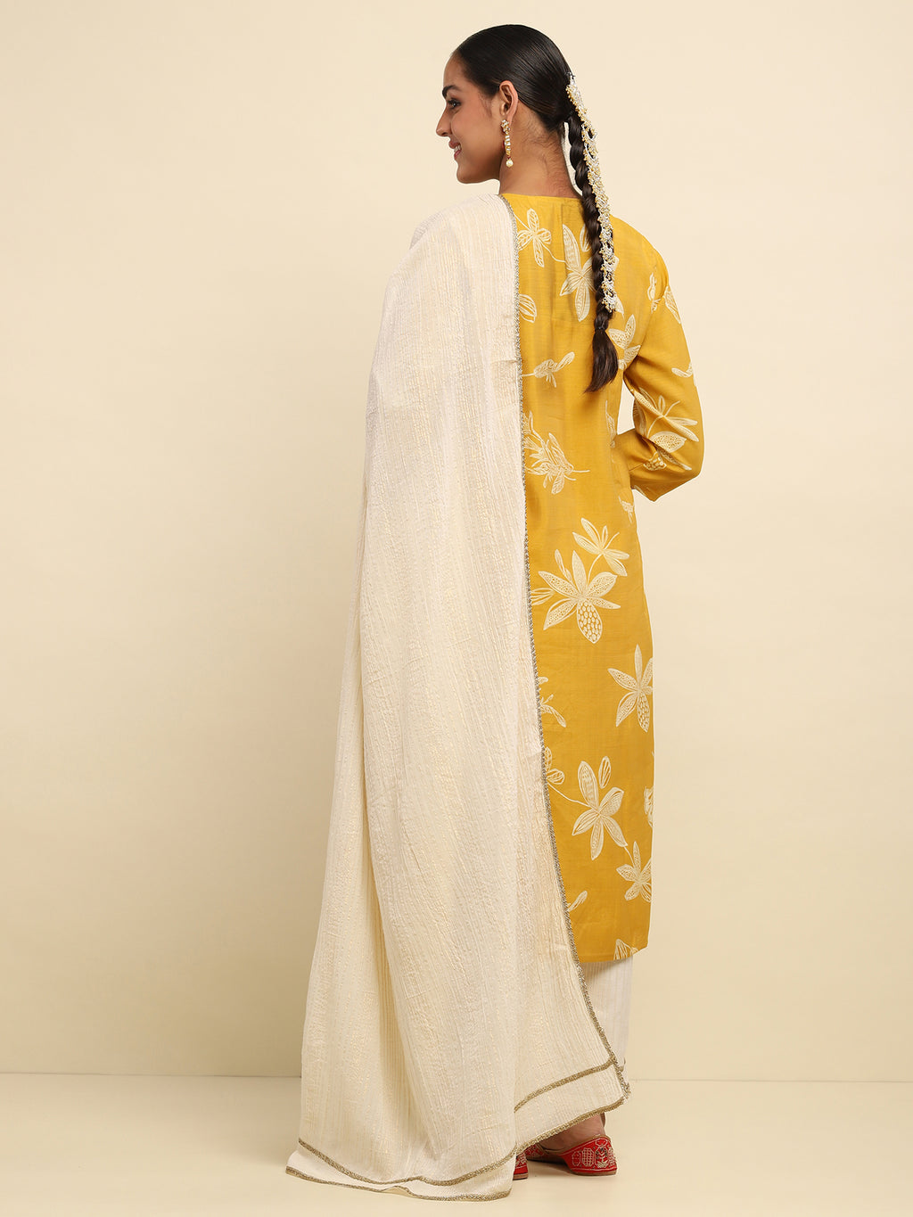 Cotton Embroidered Printed Women's 3 PC Long Kurta Set- Mustard Yellow