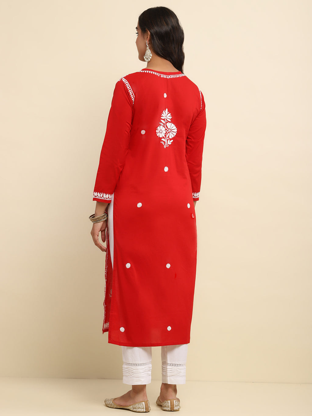 Cotton Chikankari Solid Women's Long Kurta- Red