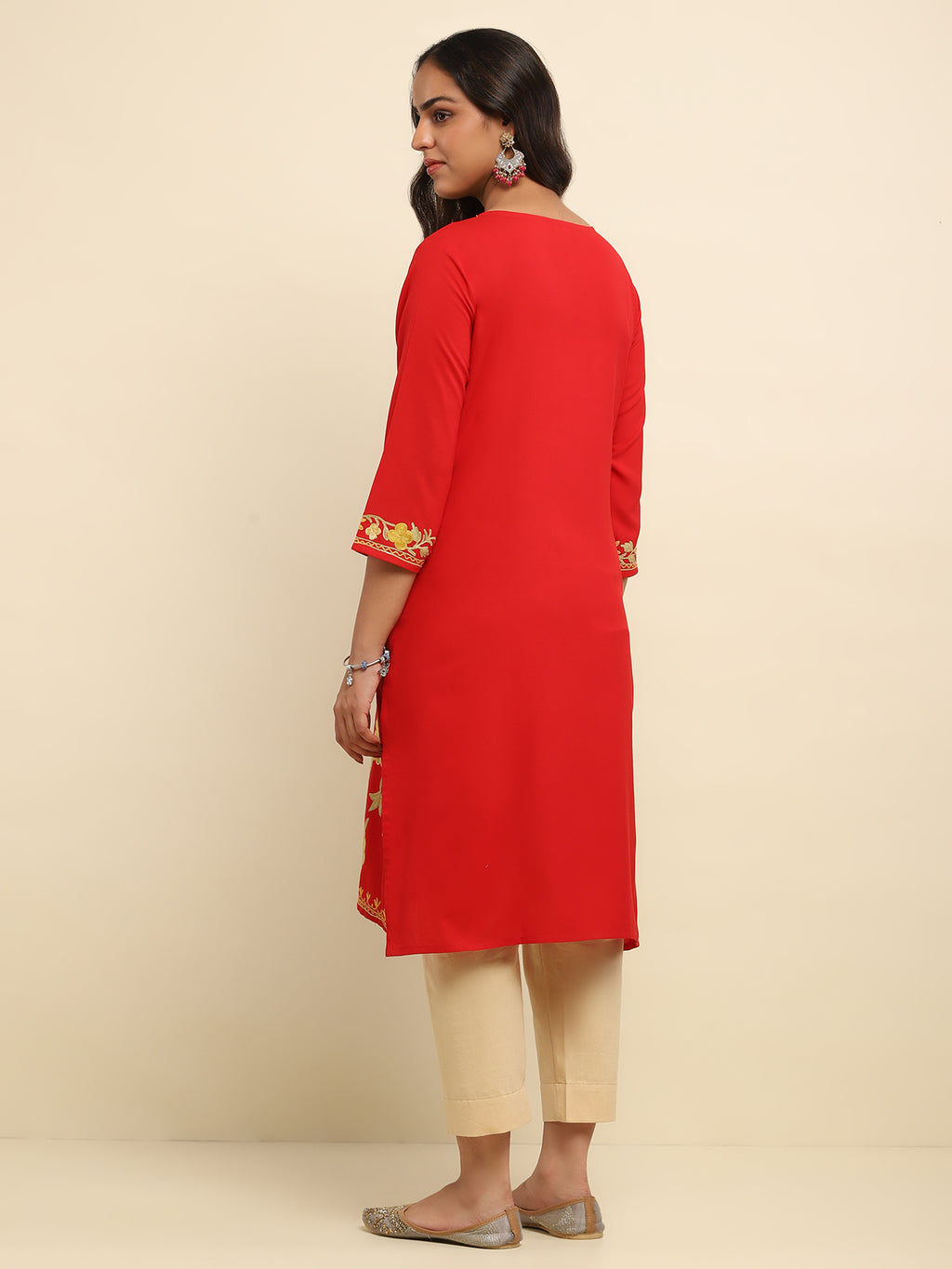 Aari Embroidered Cotton Solid Women's Long Kurta- Red