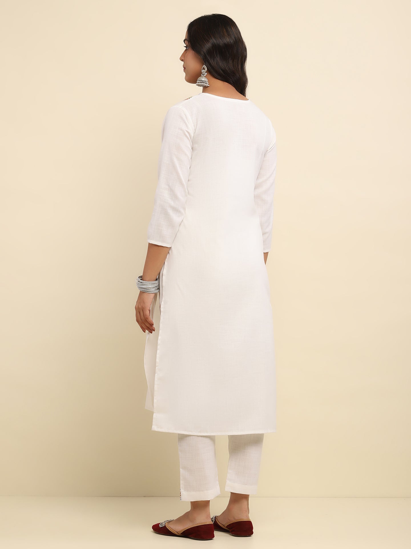 Aari Embroidered Cotton Solid Women's 2 PC Long Kurta Set- White