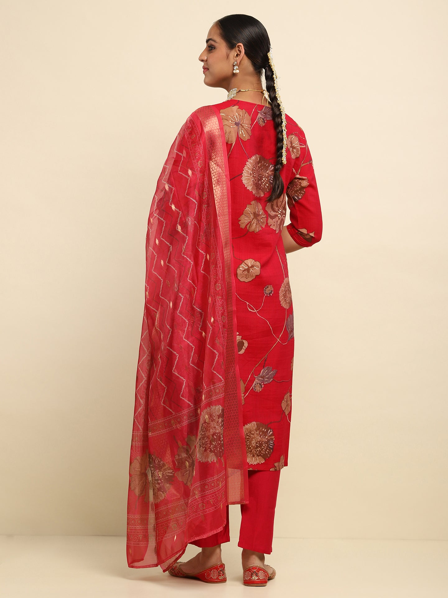 Cotton Embroidered Printed Women's 3 PC Long Kurta Set- Red