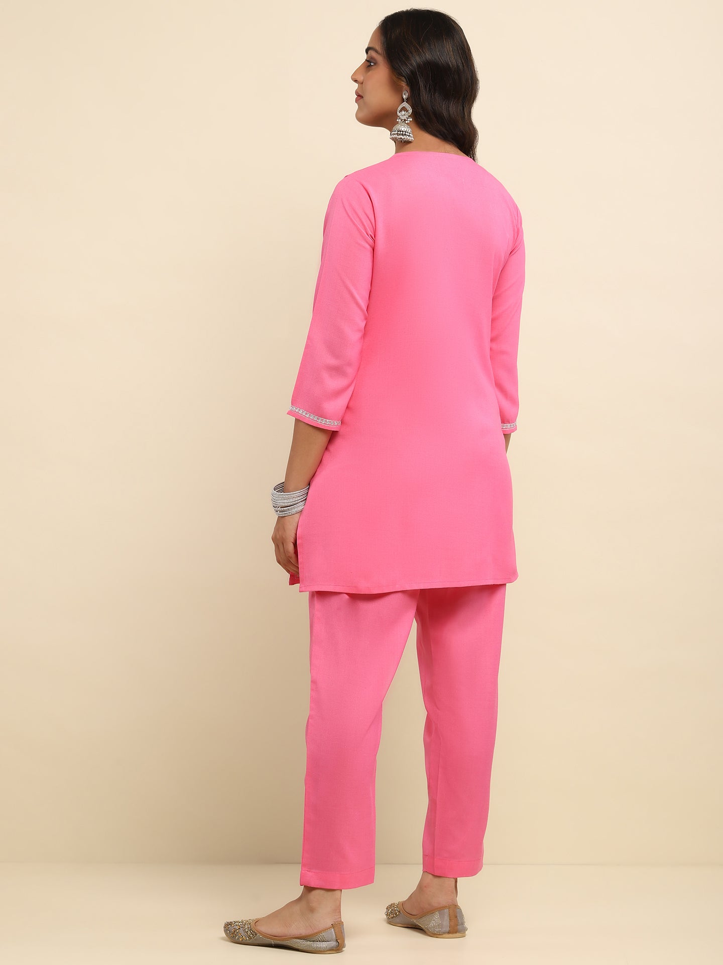 Zari Embroidered Cotton Solid Women's 2 PC Coord Set- Pink