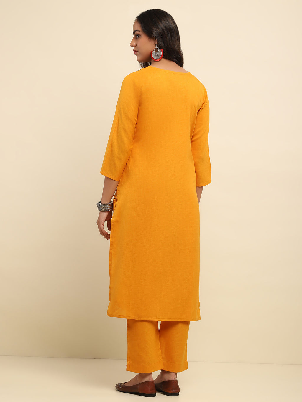 Aari Embroidered Cotton Solid Women's 2 PC Long Kurta Set- Mustard Yellow
