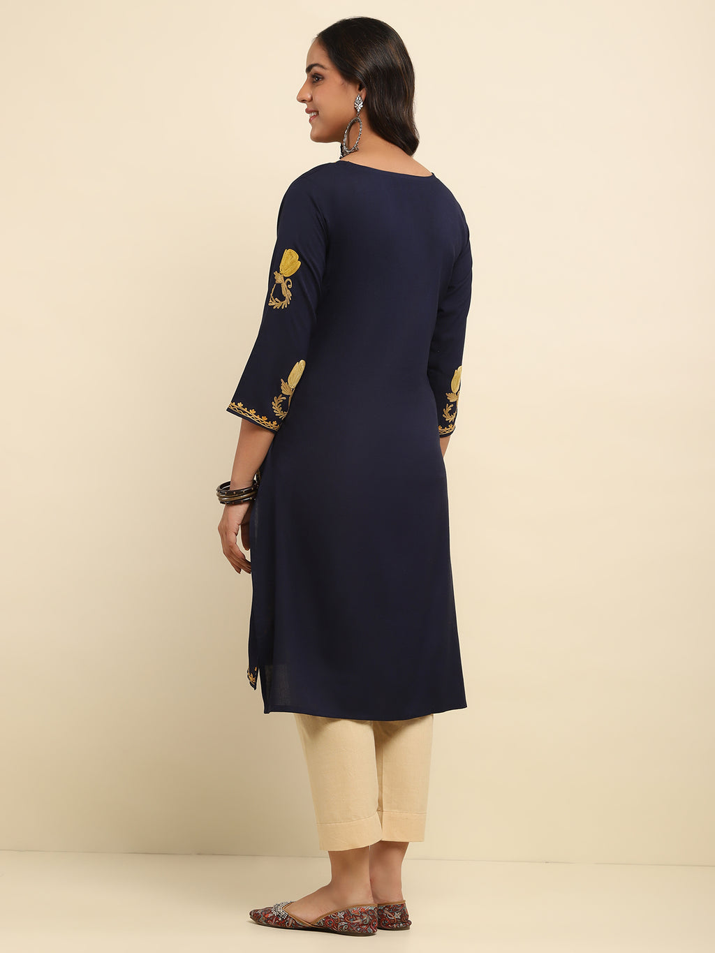 Aari Embroidered Cotton Solid Women's Long Kurta- Navy Blue