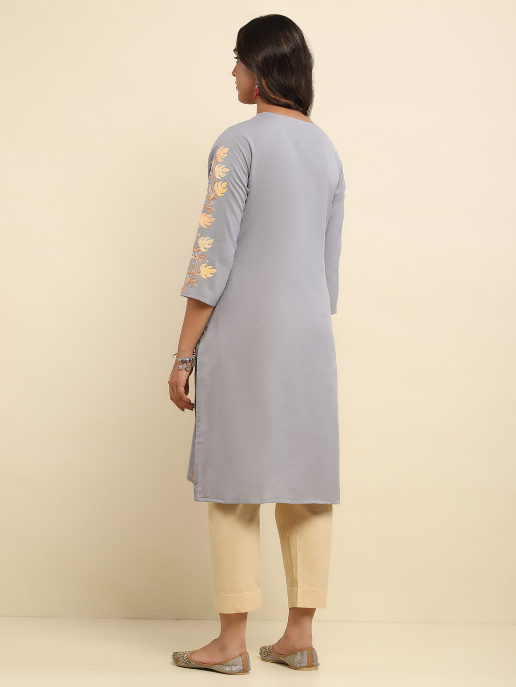 Aari Embroidered Cotton Solid Women's Long Kurta - Grey