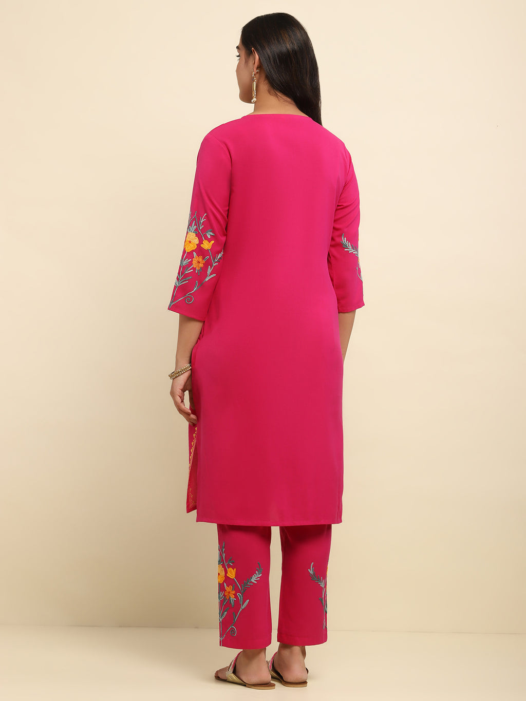 Aari Embroidered Cotton Solid Women's 2 PC Long Kurta Set- Fuchsia
