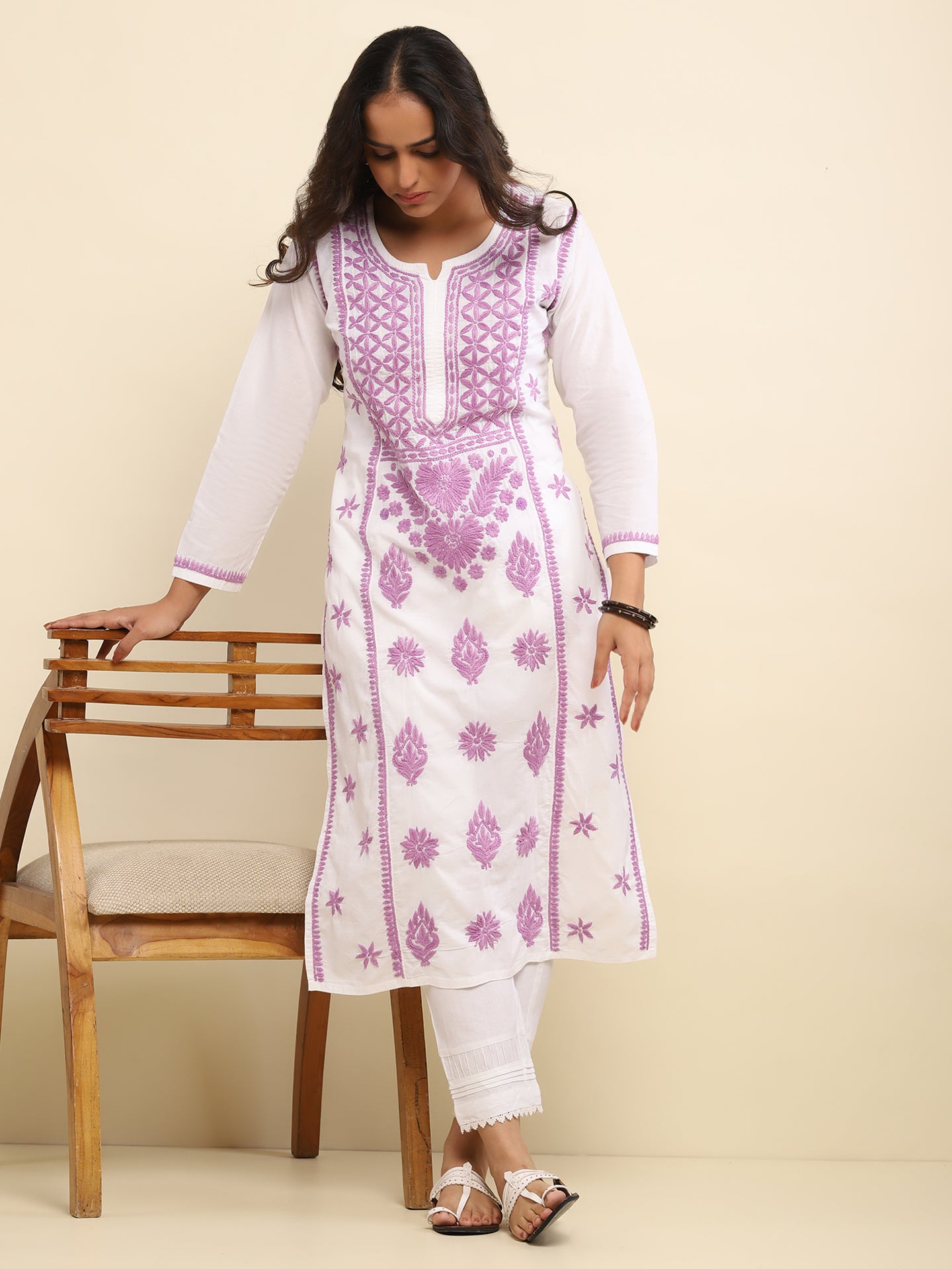 Kashmiri Aari Work Cotton Kurta Set - Lilac