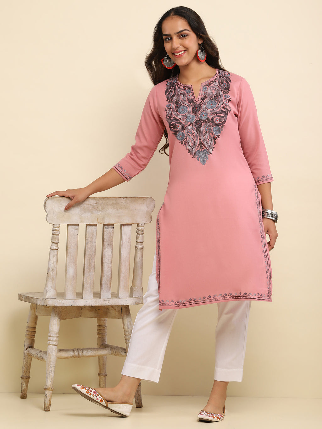 Aari Embroidered Cotton Solid Women's Long Kurta- Dusty Pink