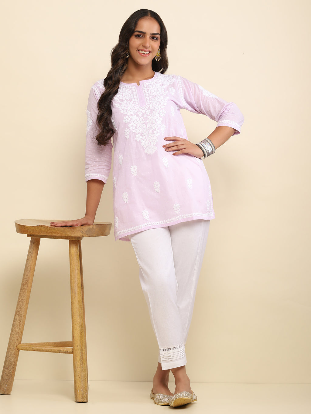 Cotton Satna Pintex Solid Women's Pant With Lace-White