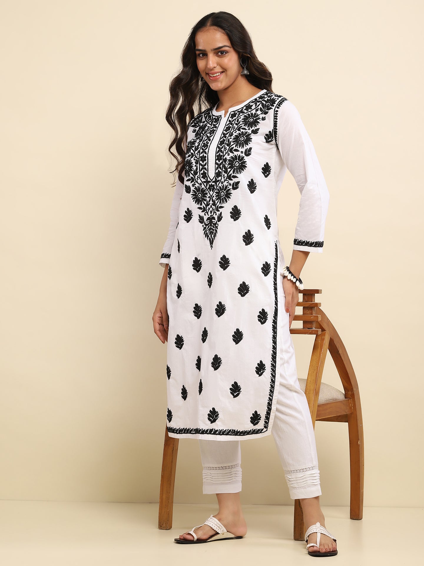 Cotton Chikankari Solid Women's Long Kurta- White