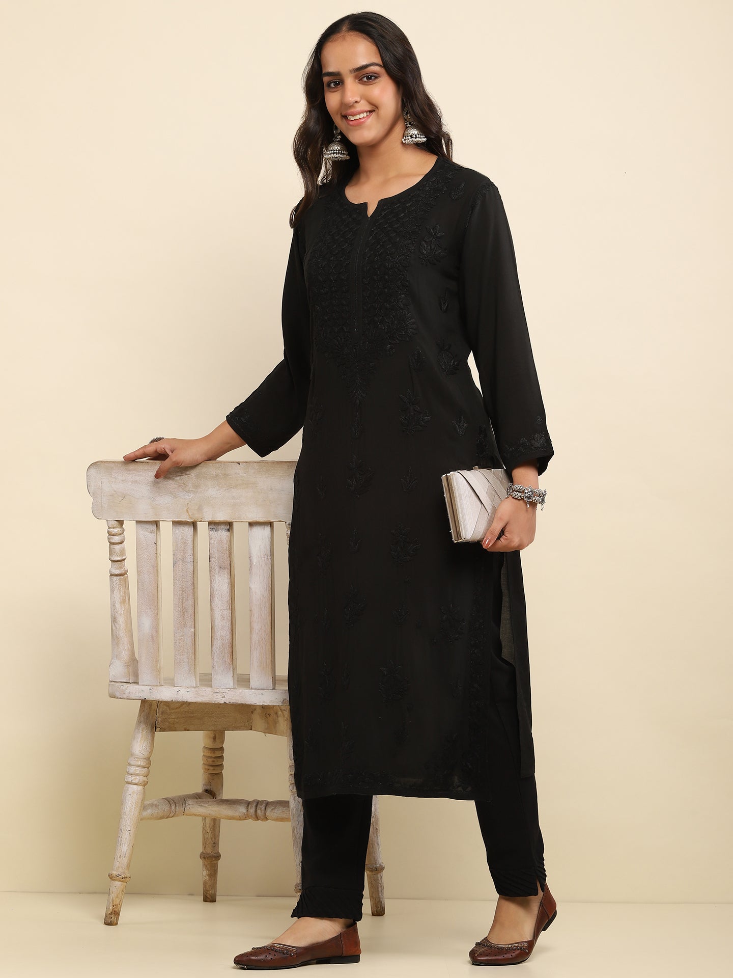 Rayon Chikankari Solid Women's Long Kurta- Black