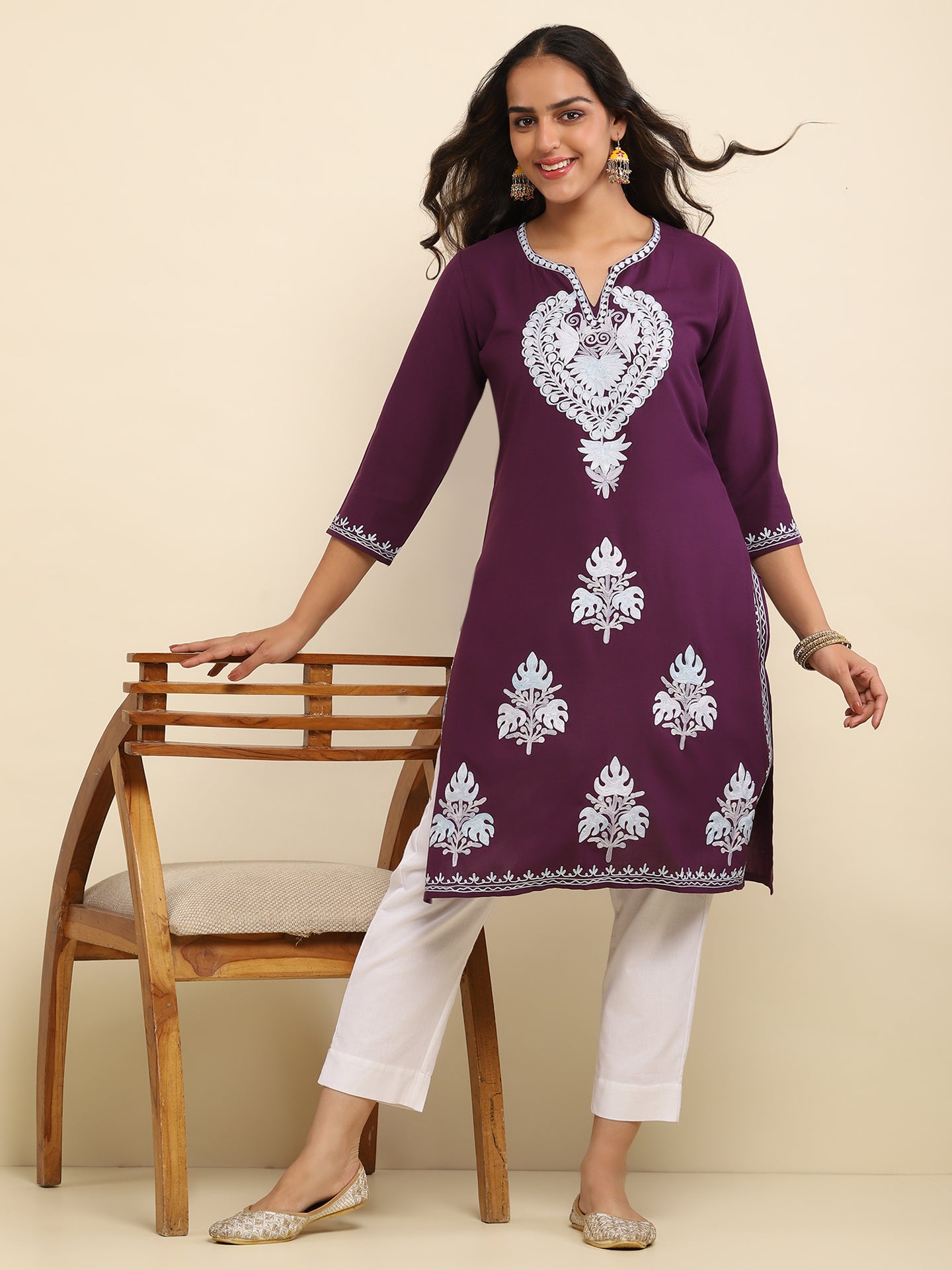 Aari Embroidered Cotton Solid Women's Long Kurta- Purple