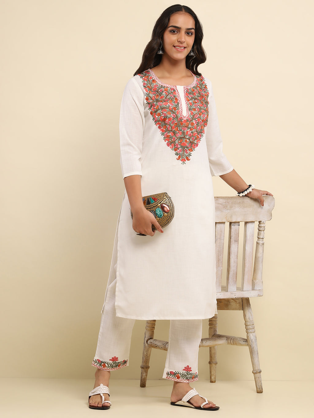 Aari Embroidered Cotton Solid Women's 2 PC Long Kurta Set- White