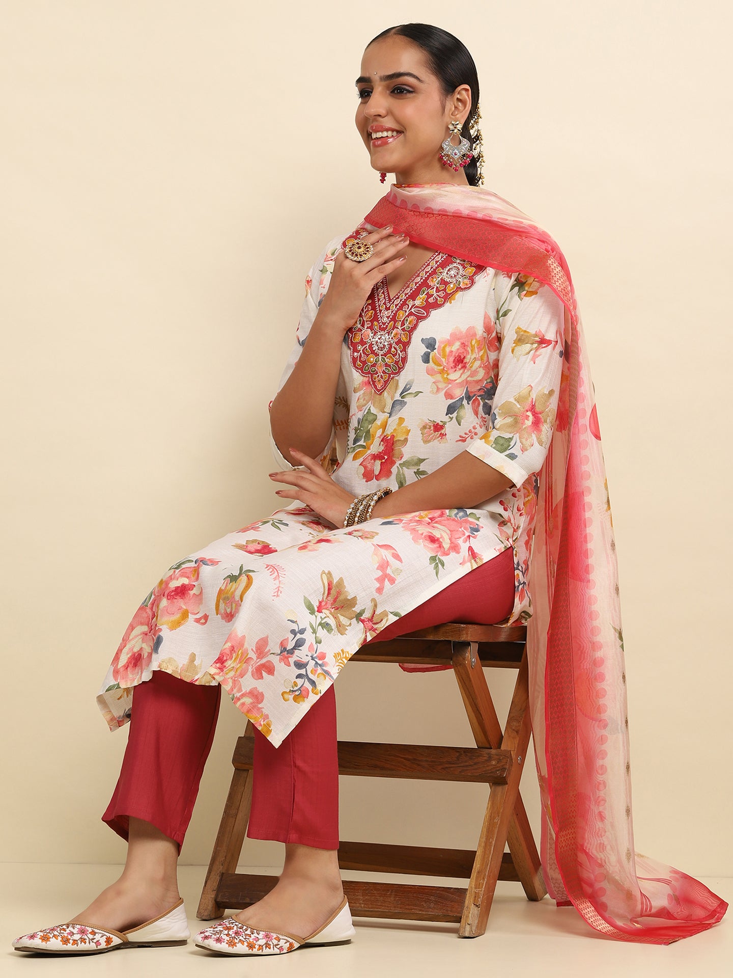 Cotton Embroidered Printed Women's 3 PC Long Kurta Set- White