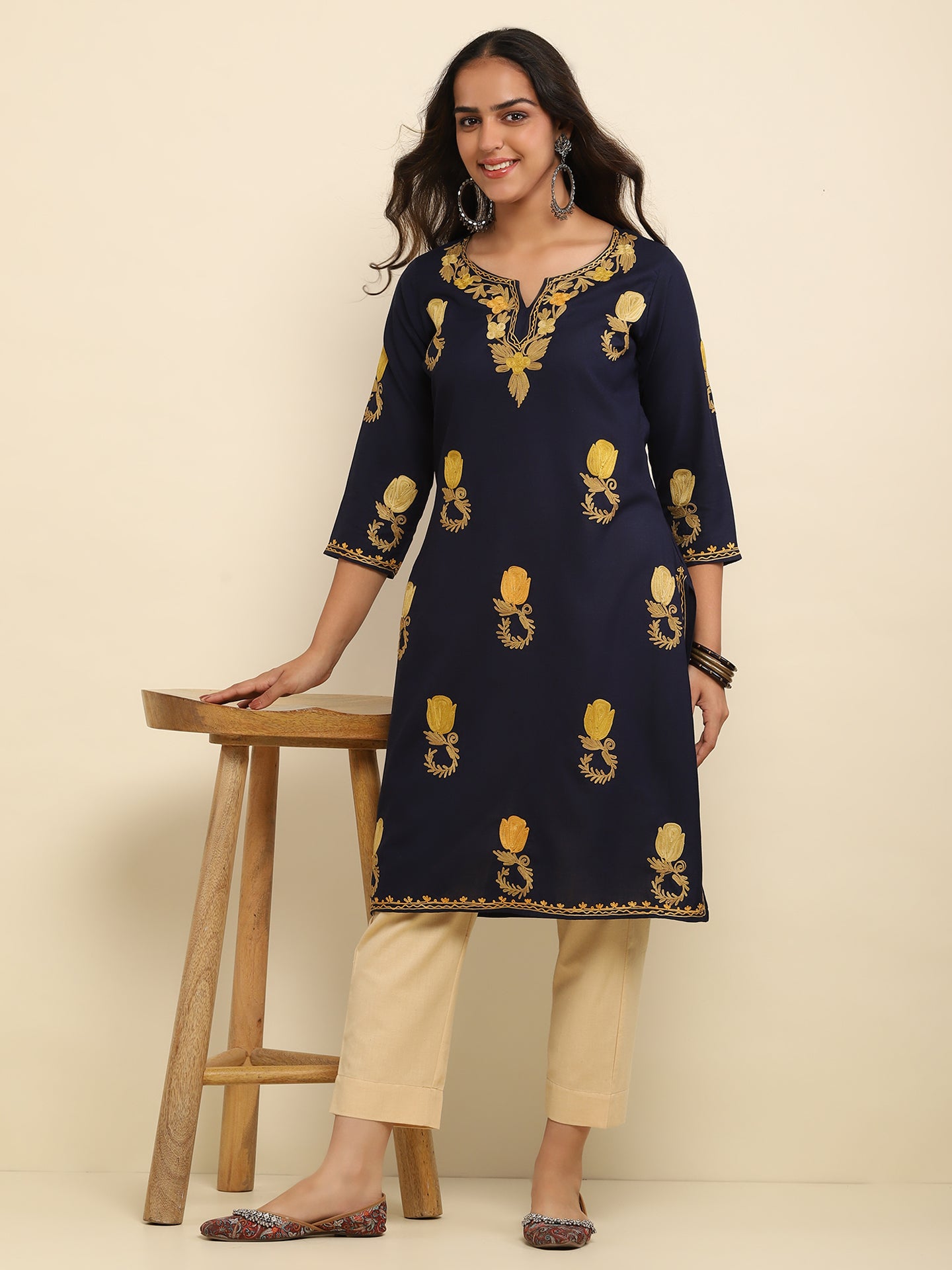 Aari Embroidered Cotton Solid Women's Long Kurta- Navy Blue